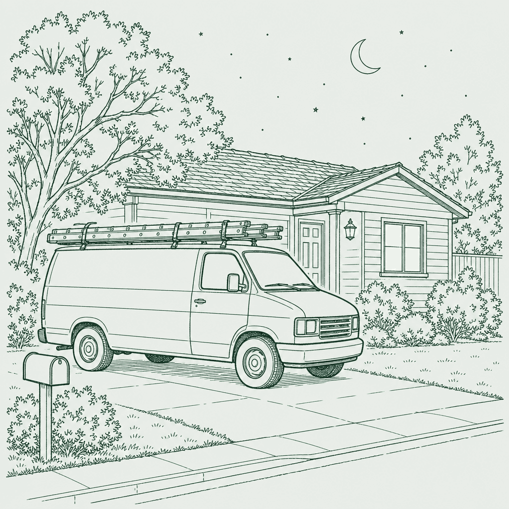 Line drawing of a work van parked in a driveway at night beside a house with the porch light on