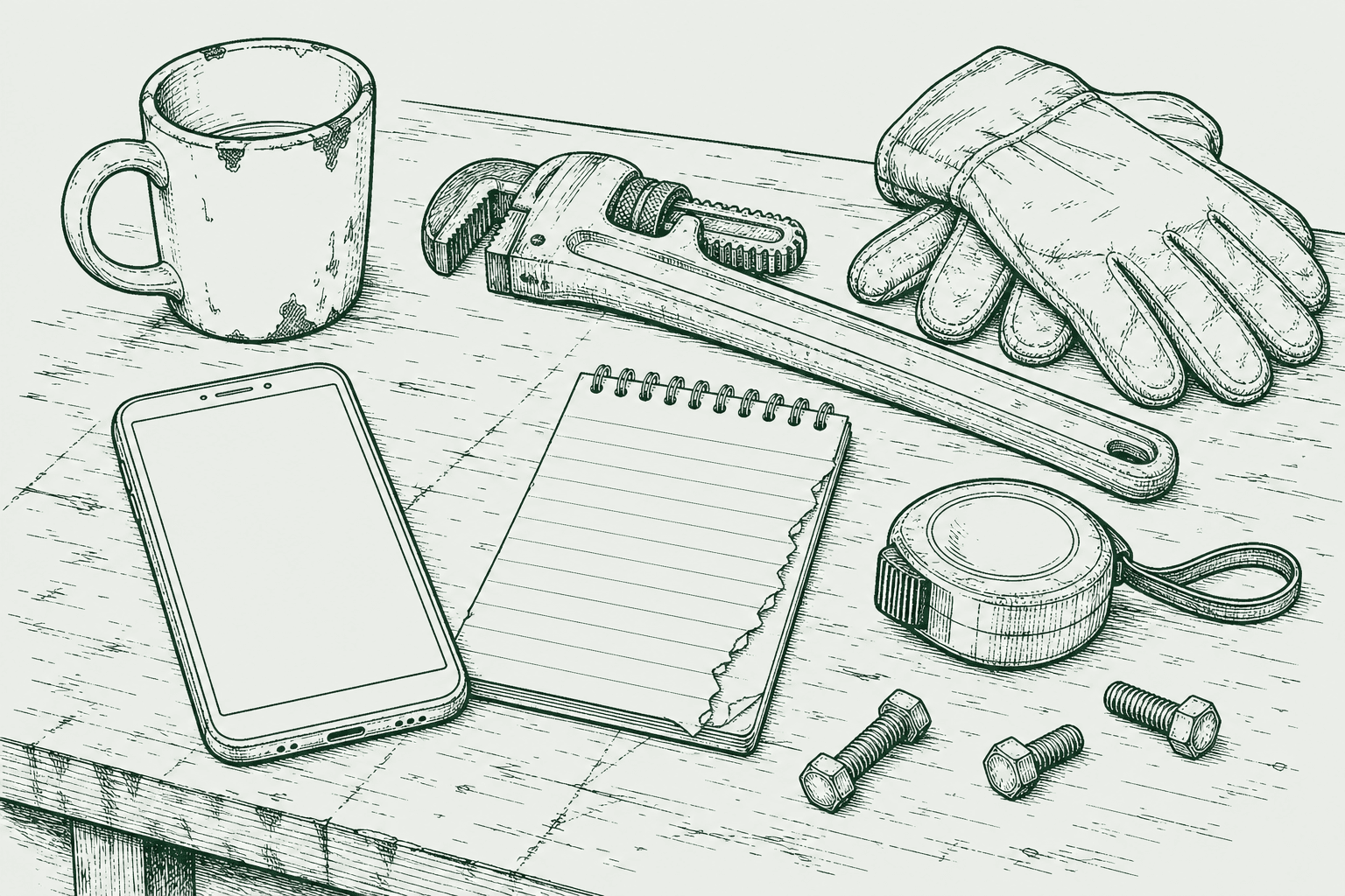 Line drawing of a workshop bench: a phone, a pipe wrench, work gloves, a notepad and a coffee mug